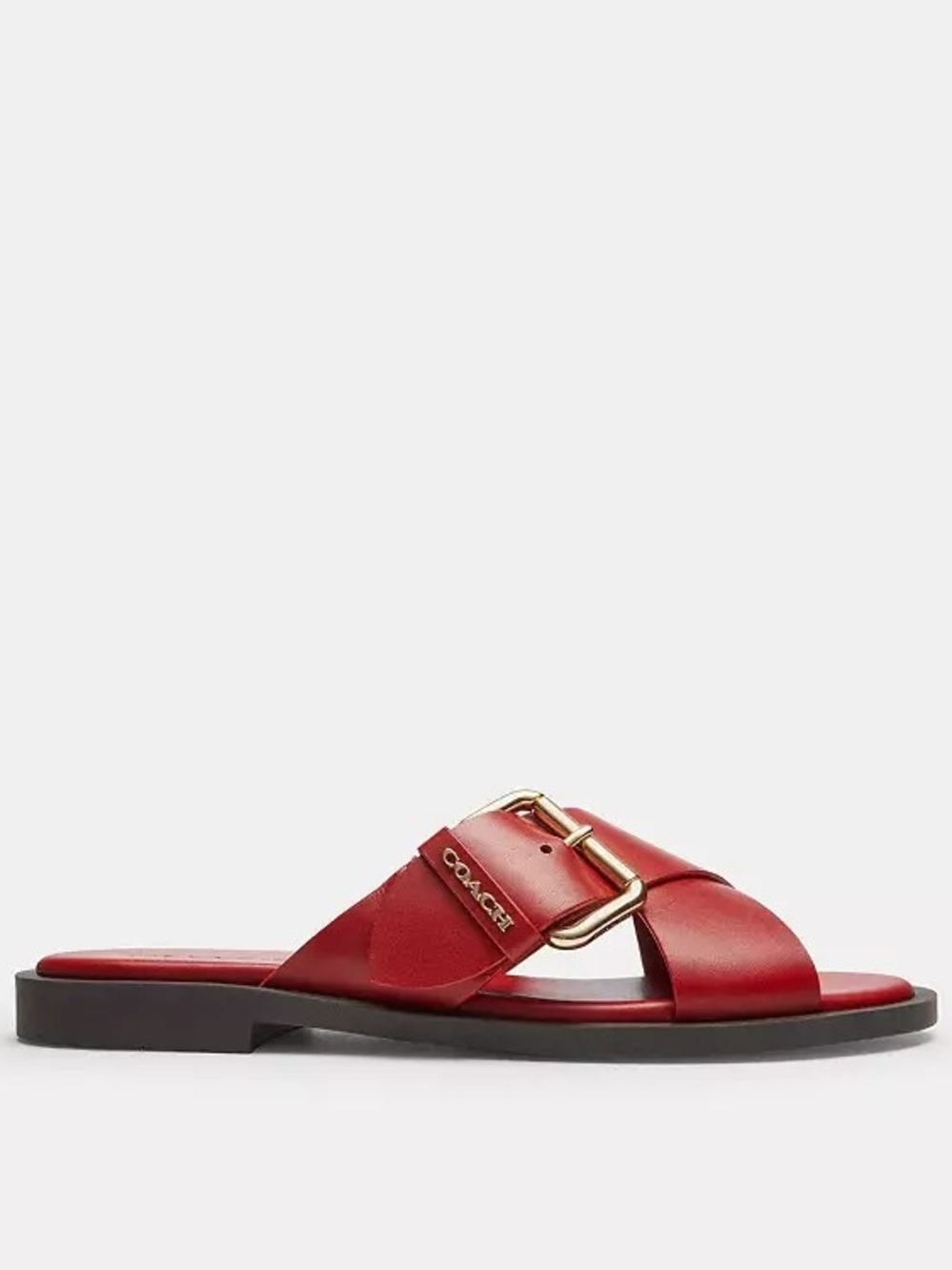 NWT! Coach Red Leather Slide Sandal with Gold Buckle
